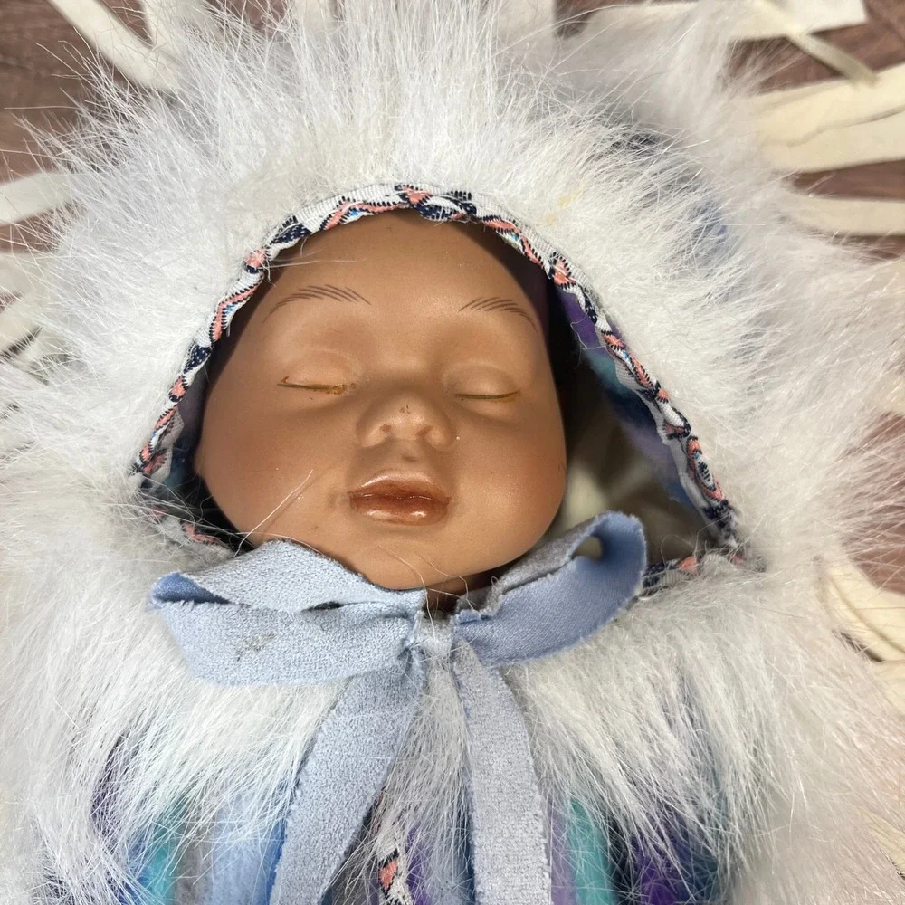 Native American Porcelain Baby Doll Papoose Blue Purple Faux‎ Fur Fringe Striped